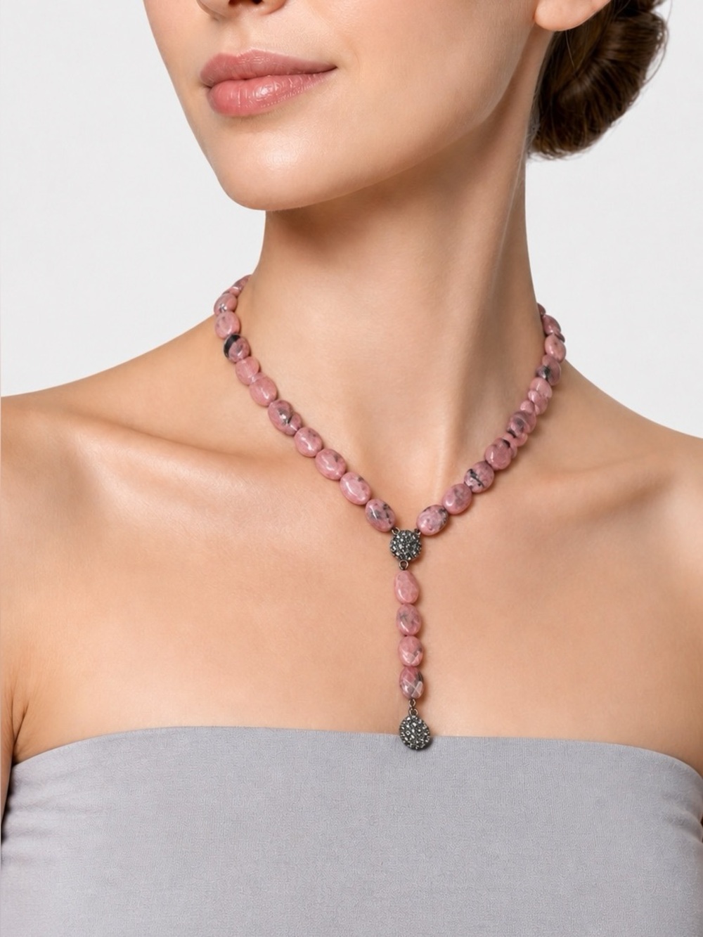 Rhodonite Gemstone Lariat Necklace- Women’s- Jewelry